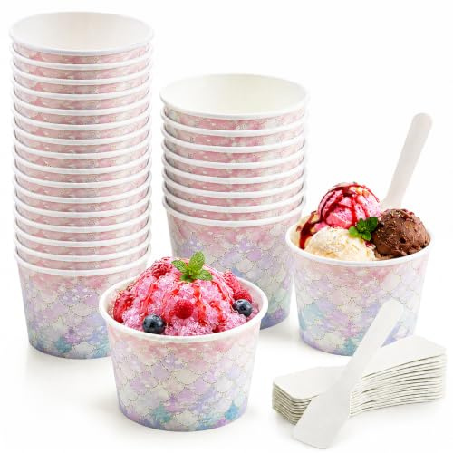 SilverChry 50 Pezzi Colorati Coppe Gelato Carta con Cucchiai, 150 ml, Ciotole per Dessert,Ciotole da Dessert, Adatto per Gelato, Dessert, Yogurt, Ghiaccio Tritato (Sirene)