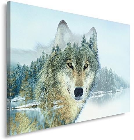 Feeby Impression Sur Toile Boho Scandi Loup 40x30 cm 1 pièce Tableaux Tableau Mural Image Moderne Photo Décoration Murale Design Chambre Salon Cuisine Double Exposition Hiver Forêt Blanc Gris