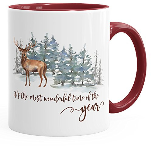 Autiga Tasse Weihnachten kaffeebecher It`s the most wonderful time of the year Hirsch Weihnachtsmotiv Bordeauxrot unisize