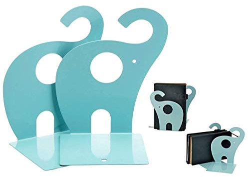 XLKJ 2 Unidades Lindo Sujetalibros Elefantes Antideslizantes de Metal, 19 * 12 cm Azul