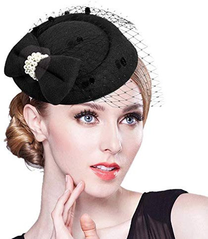 Losuya Frauen Fascinators Hut Perle Bogen Stil Cocktail Party Pillbox Hut mit Schleier Haarspangen (Schwarz)