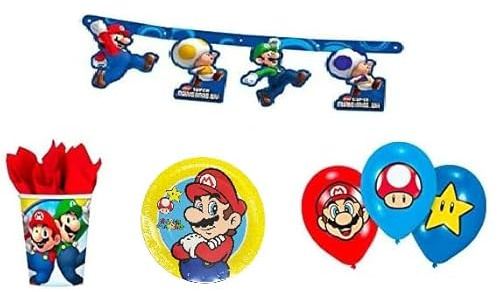 KIT COMPLEANNO SUPER MARIO RUN con decorazioni COORDINATO TAVOLA festa addobbi (PER 8 PERSONE)