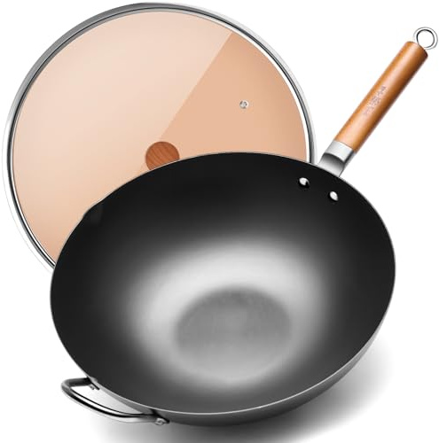 WANGYUANJI Carbon Steel Wok 14.2, Large Nitriding Flat Bottom Stir Fry Pan with Lid, No Chemical Coating Rust Resistant Iron Skillet for Induction Electric Gas Stoves, Big Capacity Serves 6+
