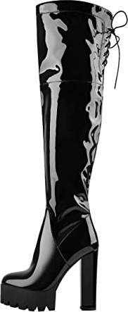 Only maker Damen Plateau Stiefel Overknee mit Blockabsatz Verstellbaren Schnüren Lack Schwarz 41 EU