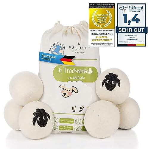 Feluna® Eco Dryer Balls for Tumble Dryer Set of 6 - Natural Fabric Softener Made from 100% Sheep Wool -Eco Dryer Balls Laundry Balls for Dryer
