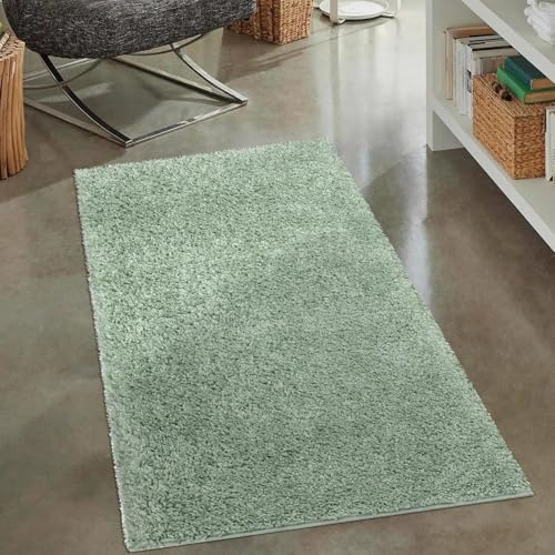 carpet city Shaggy Hochflor Teppich - 80x150 cm - Grün - Langflor Wohnzimmerteppich - Einfarbig Uni Modern - Flauschig-Weiche Teppiche Schlafzimmer Deko