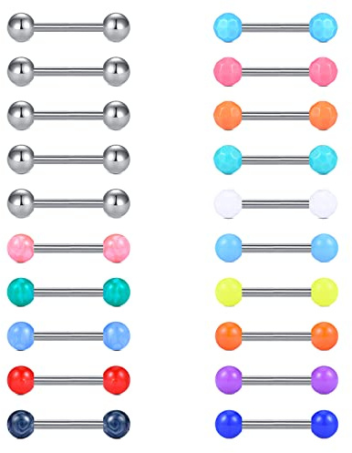 Crdifu 20 Piezas Piercing Lengua Pezón Acero Inoxidable 316L 14G 12mm Barra Recta Joyería Corporal con Bolas Acrílicas de Colores Mujer Hombre