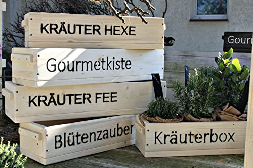 Blumenkasten Holz Natur unbehandelt/Holzgriffe/Aufdruck/Balkonkasten, Terrasse, Holzkiste (HxBxT-14,5x50-90x19,5cm) (Kräuter Fee, 70cm)