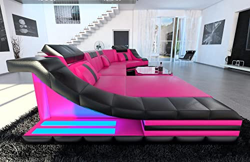 Couch Wohnlandschaft Turino C Form Sofa - mit LED Beleuchtung, verstellbare Kopfstützen, Recamiere/Lederfarben wählbar/Ausrichtung wählbar (Ottomane Links, Pink-Schwarz)
