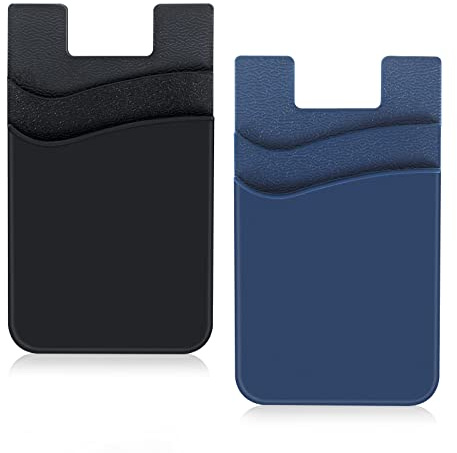 Zemexy 2Pack Cell Phone Card Holder,Stick on Credit Card Wallet Silicone Double Pocket for Back of Cell Phone case-Black,Navy Blue