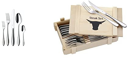 WMF Verona Besteckset 6 Personen, 30 teilig, Monobloc-Messer, Cromargan Edelstahl poliert, glänzend & Steakbesteck 12-teilig Steakgabel Steakmesser für 6 Personen in Holzkiste Cromargan Edelstahl
