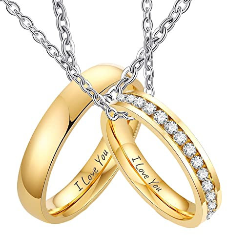 AMDXD Pärchen Halskette mit Gravur aus Edelstahl, Simple Gravur I Love You Pärchen Ketten für 2 mit Gravur Ring Anhänger Silber mit Zirkonia Weiß, 4MM Breite, Herrenkette 60cm, Damenkette 50cm