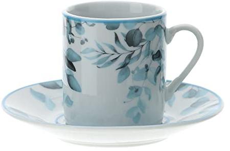 HERVIT Set due tazzine caffè blu con piattino in porcellana Botanic Ø9x5 cm