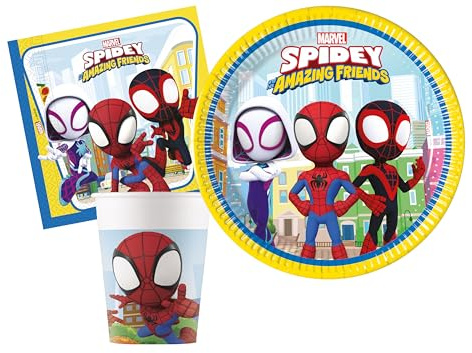 Kit Vaisselle de Fête Marvel Spider-Man Spidey and His Amazing Friends pour 24 personnes (88 pcs: 24 assiettes Ø23cm, 24 gobelets 200ml, 40 serviettes 33x33cm)