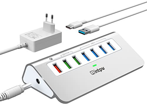Hub dati USB 3.2 alimentato 10 Gbps, a 7 porte Splitter con 4 USB 3.2 Gen2, 3 di ricarica rapida, adattatore di alimentazione da 30 W, cavo di tipo A e C
