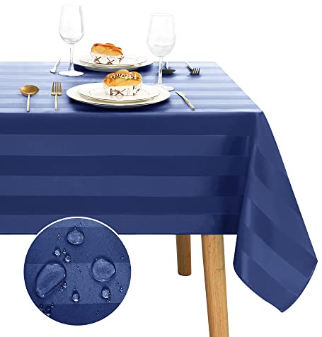 JIUZHEN Dunkelblau Gestreift Tischdecke Outdoor Wasserdicht Tischdecken Abwaschbar Quadratische mit Lotuseffekt, Wetterfeste für Esszimmer, 130 x 260 cm