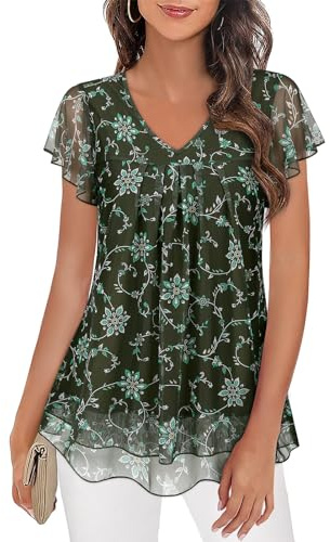 Syphiby Dressy Tops for Women, Ruffle Short Sleeve V Neck Floral Shirts for Women Trendy Summer Work Blouses Hide Belly Tunic Fashion Clothes Workout Tops Long Shirts for Leggings, Green-L