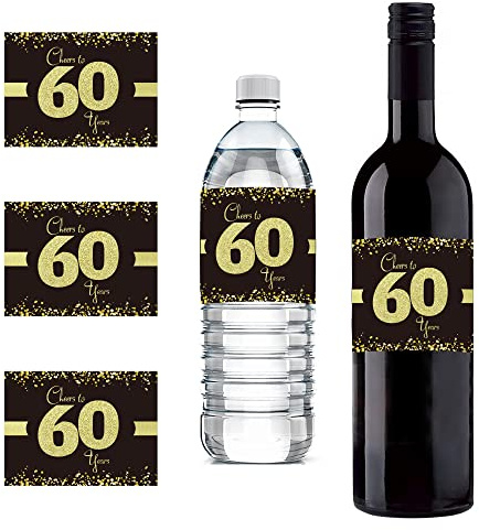 Sumerk 24 Stück 60th Birthday Bottle Label 60 Geburtstag Aufkleber Cheers to 60th Birthday Stickers Self Adhesive Birthday Gift for Men & Women （10 * 7.5 cm）