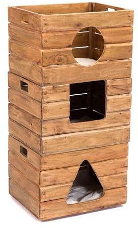 CREEDWOOD KATZENHAUS Kitty | 3-teilig, 90 cm, Mahagoni Holz | stapelbare Katzenhöhle, Katzenhütte mit Kissen, Katzenturm, Katzen Spielhaus, Katzenvilla, Holzhaus
