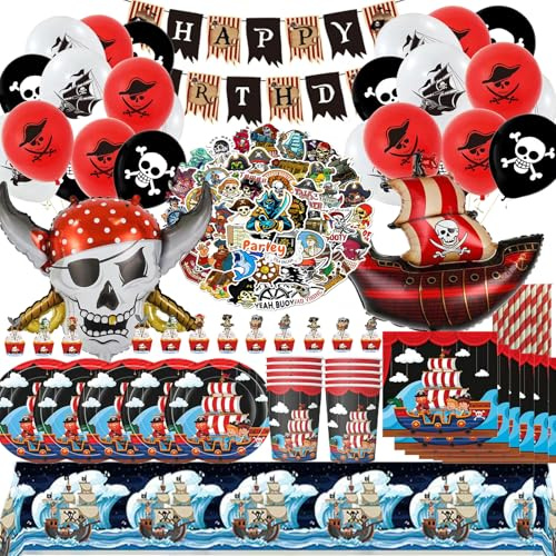 Bemoseng Piraten Geschirr Set 148PCS, Geburtstag Set Piraten, Geburtstag Pirat, P-iraten Tortendeko, P-iraten Luftballons, P-iraten G-eburtstag Mitgebsel, Décoration Anniversaire