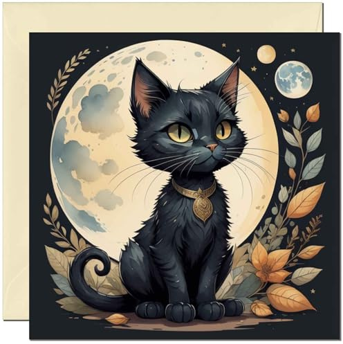 Süße schwarze Katze, Mond, Grußkarte, Geburtstagskarte, 145 x 145 mm