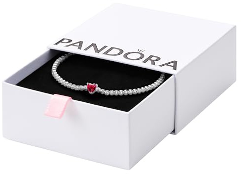 Pandora Timeless Pulsera de tenis con corazón de plata de ley con cristales rojos y circonitas cúbicas transparentes, 16