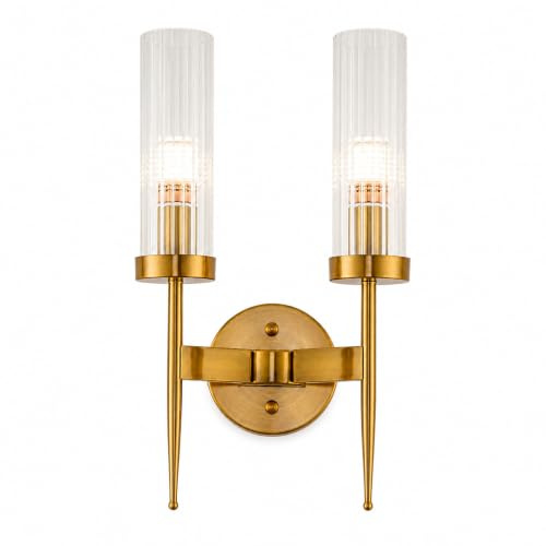NICRX Vintage Wandleuchte Kristall Rillenglas E14 Messingoptik 2-flammig | 43cm Festverdrahtete Wandlampe mit klarem Glas für Schlafzimmer Flur Wohnzimmer Treppe und Eingang