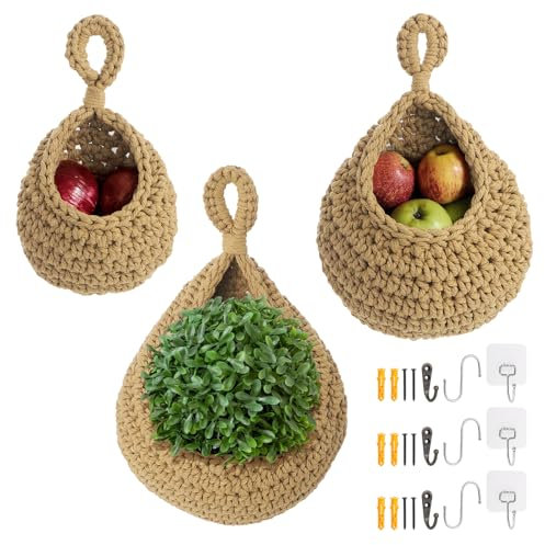 Coptiner 3Pcs Hanging Fruit Baskets for Kitchen, Hanging Basket Cotton Teardrop Hanging Baskets with three kinds of Hooks Fruit Space Saver Storage Organiser for Vegetable Onion Potato Storage (Khaki)