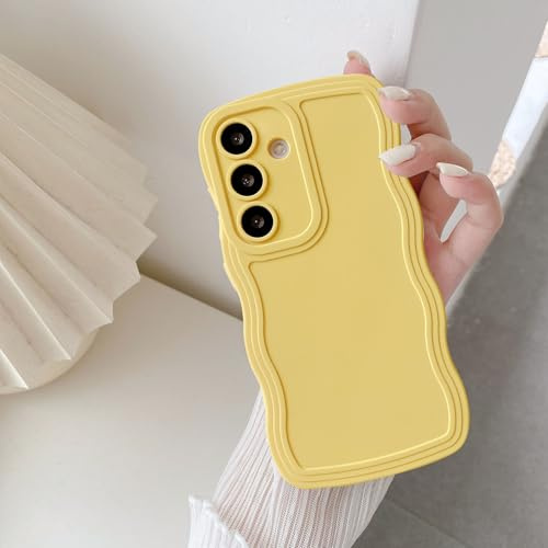 UEEBAI Wave Frame Case for Samsung Galaxy A15 4G/5G, Cute Wave Frame Slim Fit Shockproof Phone Bumper Cover Soft Pretty Curly Wavy Case Anti-Scratch TPU Case - Yellow