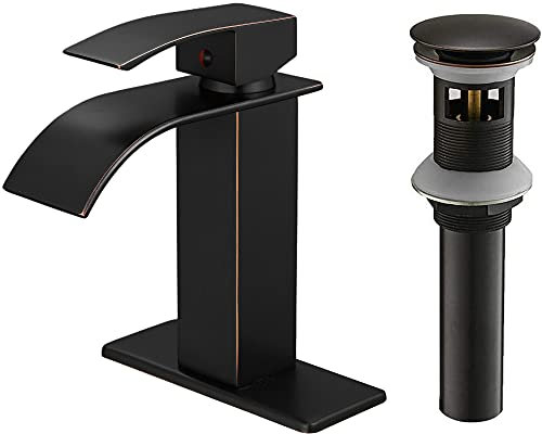 Grifo de baño con conjunto de drenaje emergente Cascada Sola manija 1 orificio Lavabo Vanidad Fregadero Tazón Alto Latón macizo con manguera de suministro Sin plomo Moderno Bronce aceitado pequeño
