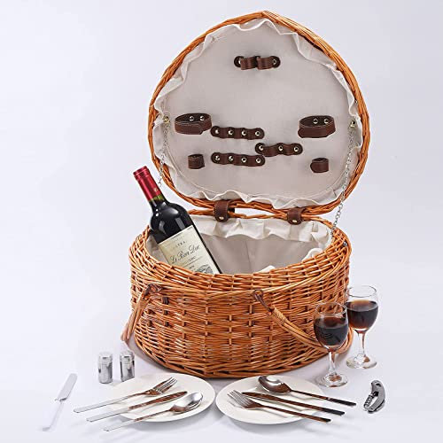HAVVMK Herzförmiger Picknickkorb für 2 Picknicks, großer Picknickkorb mit doppelten Schwenkgriffen im Vintage-Stil für Paare, Geschenke, Besteck, Camping, Picknick -B