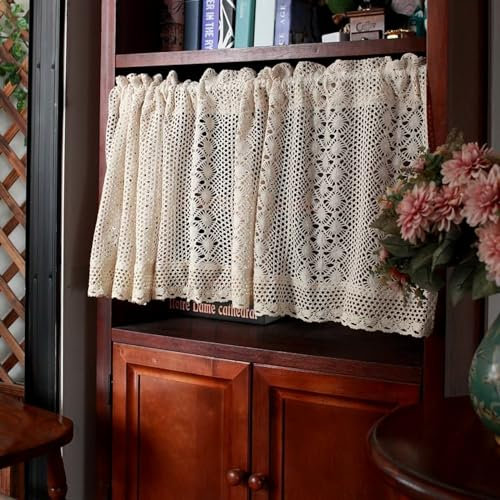A.Monamour Gardine Scheibengardinen Kurzstores Bohemian Boho Beige Baumwolle Hohl Häkeln Spitze Halb Transparent Kurzvorhang Kurzgardinen Küchengardine Küche Vorhang Fenster Kurz Stores Bistrogardine