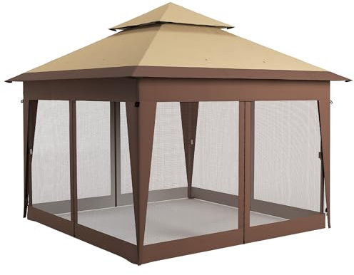 Outsunny 3 x 3(m) Pop Up Gazebo with Mosquito Netting, 1 Person Easy up Marquee Party Tent with 1-Button Push, Double Roof, Carry Bag, Sandbags, Height Adjustable Instant Shelter, Khaki