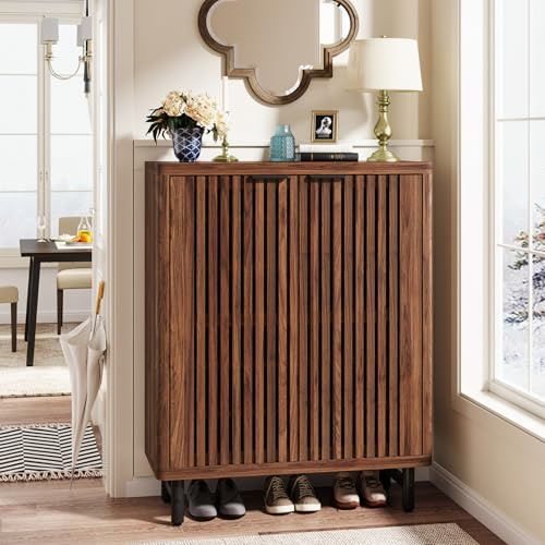 Tribesigns skoskåp med 6 nivåer med Louvered dörrar, stort skoförvaringsskåp i trä med justerbara hyllor, modernt fristående skoorganiseringsskåp för entré, hall (valnöt)