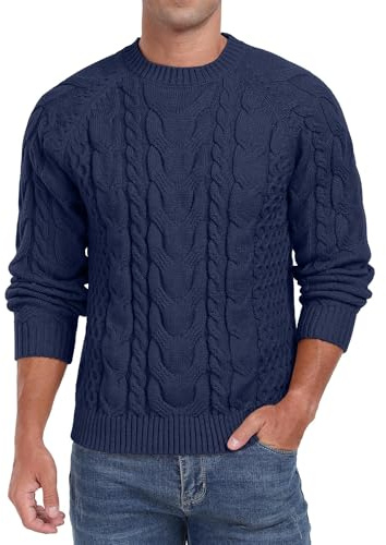 QIXING Men's Cable Knit Jumper Crew Neck Casual Long Sleeve Chunky Knit Sweater with Ribbing Edge
