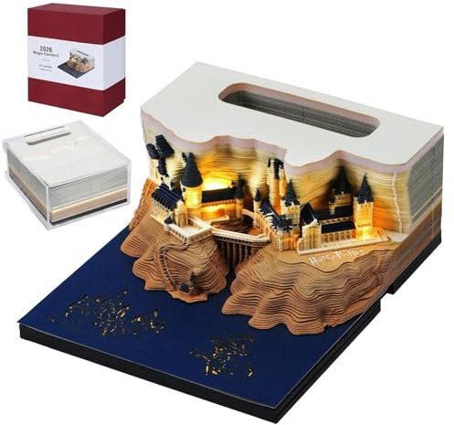 Wikay 2026 Calendrier de Bureau 3D Bloc Notes avec lumière LED, 3D Château Calendrier Hebdomadaire 2026 Pièce de temps Calendriers DIY Papier Sculpture d'artisanat art Cadeau pour Noël Nouvelle Année