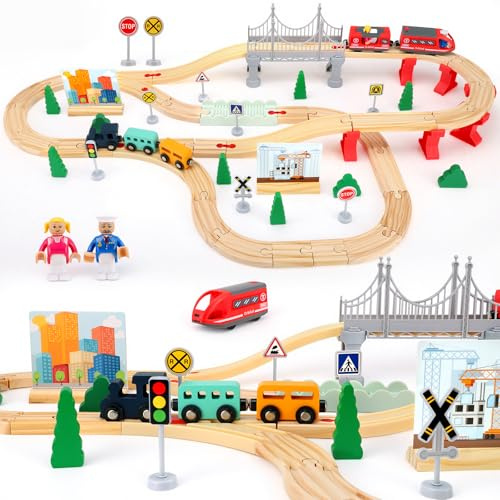 Trenino Elettrico per Bambini,Biebuxo 72 PZ Pista Treno in Legno Ferrovia Legno Bambini Set Regali per Ragazze e ragazzi 3 4 5 6 anni
