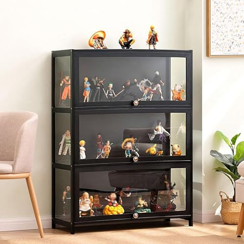 Witriolik Acryl Vitrine Groß, Vitrinenschrank Glas Wohnzimmer Vitrine, Vitrinenschrank Wohnzimmer für Miniaturmodelle von Modellbau(80x33x106cm-3 Schicht/Schwarz-Auf DREI Seiten transparent)