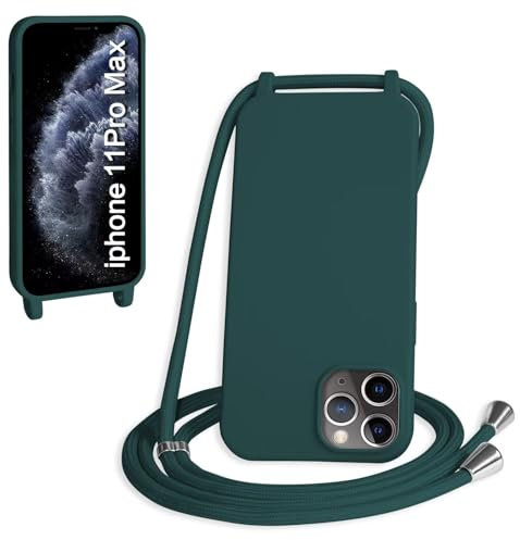 SLWYF Compatible with iPhone 11 Pro Max Crossbody Lanyard Case, Liquid Silicone Protective Phone Case with Strap Adjustable Neck Cord Necklace Soft Cover for iPhone 11 Pro Max, Dark green