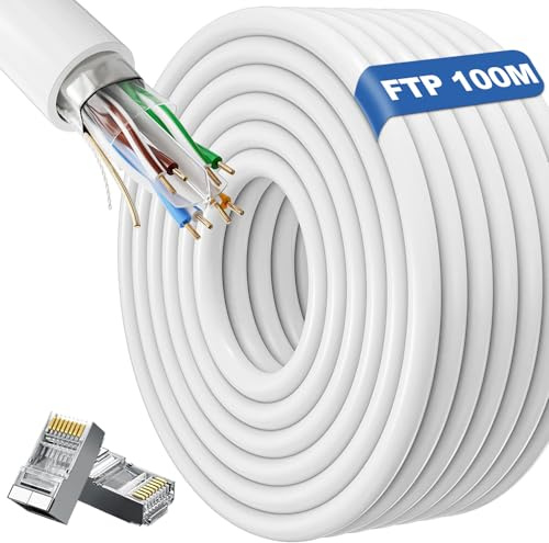 ikbc Cat 6 FTP Câble Ethernet 100m Blanc, Bobine avec 20 Connecteurs RJ45 | 1000 Mbps pour Installation, Internet Haut Débit, Fibre Optique, 23AWG Stable, Kit DIY pour Réseau Informatique et CCTV