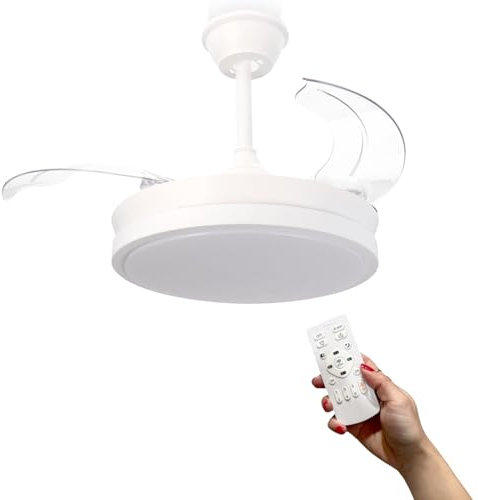 M mimotec - Ventilateur de plafond avec lumière LED White Thor, avec télécommande, moteur DC, 6 vitesses, silencieux, pales rétractables, fonction été-hiver, minuterie, lumière CCT dimmable. LM8821