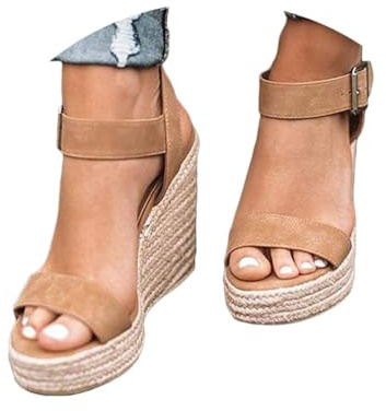 Riou Sandales Femme Plateforme Esparto Été Casual Alpargatas À Cœur Creux Semelles Plates Antidérapantes Dames Boucle Chaussures Casual Roma Casual Fête Talons Hauts, marron, 38 EU