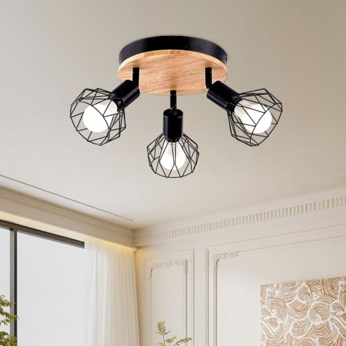 YNFLux LED Deckenleuchte Deckenstrahler Schwenkbar rund aus Holz in Schwarz 3 Flammig Deckenspots E14 Fassung modernes Design geeignet für Wohnzimmer Schlafzimmer Küche und Flur mit Leuchtmitte