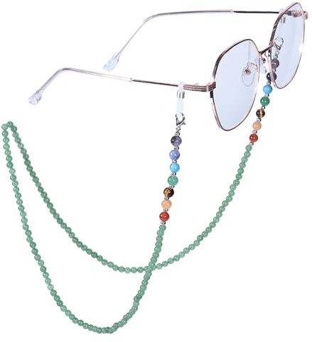 mookaitdecor 7 Chakra Edelstein Perlen Brillenkette für Damen, Heilsteine Kristall Sonnenbrillen Kette Gesichtsmaskenkette Einstellbare Anti Rutsch Brillenband, Grüne Aventurin