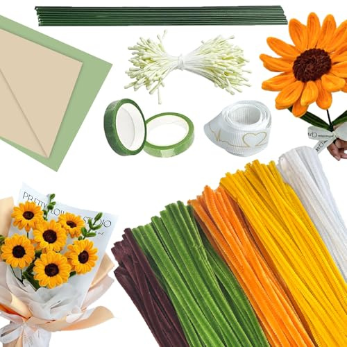 pangdapengpeng 210 Stück Sonnenblumen Blumenstrauß Pfeifenreiniger Set | Pfeifenputzer in 5 Farben mit Grünem Basteldraht, Geschenkpapier, Blumenband für DIY und Einzigartige Geschenke