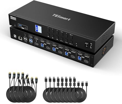 TESmart HDMI Displayport KVM Switch 3 Monitors 4 Computers 4K@60Hz USB 3.0 | KVM Switch Triple Monitors, HDMI 2.1&DP 1.4, Audio&Mic, EDID Emulators, 1Gbps Ethernet, Hotkey Switch, Input Cables Included