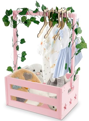 Babykorb Geschenk,Holz Babyparty Kiste,Großer Ausgehöhlter Babyparty Korb mit Griff und 6 Kleiderbügel,Mehrzweck Babykorb Neugeborene,Dekorativen Babypartykorb für Geschenk neue Eltern(Rosa)