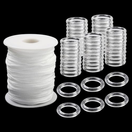 SOFPLATE 50 m / 55 meter romersk skugga lyft snöre reparationssats med 100 st gardinringar rund vit nylon ersättning plast gardin rep set tillbehör för gör-det-själv tillverkning romersk persienn