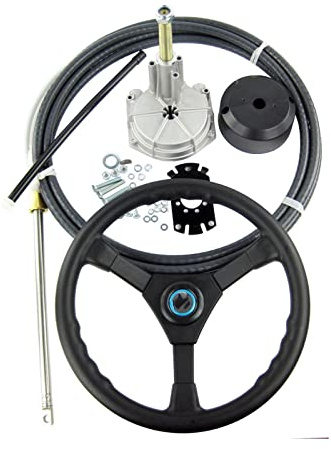 QASULER Sistema de dirección mecánica giratoria turbina simple con motor fueraborda 11 pies rueda cable Timón de barco