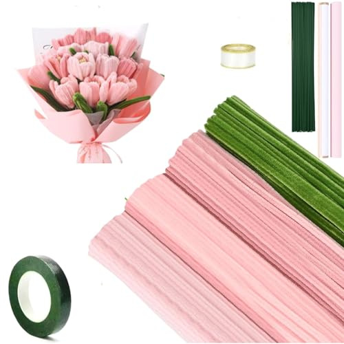 Lot de 200 cure-pipes pour fleurs artisanales, tiges chenille pour bouquet de tulipes, bâtons pelucheux pour fleurs artisanales, loisirs créatifs (rose)